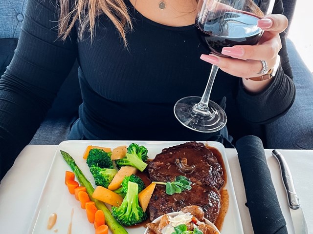 12oz ribeye steak  with loaded baby potatoes and seasonal